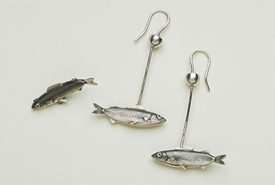 Fish (Ayu) pin, earrings