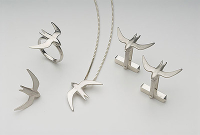 White Swifts (pin, cufflinks, ring, pendant)